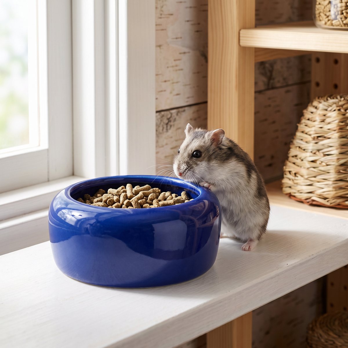 Blå keramikskål med gnagarfoder på en vit hylla i en svensk lägenhet, en hamster sitter bredvid