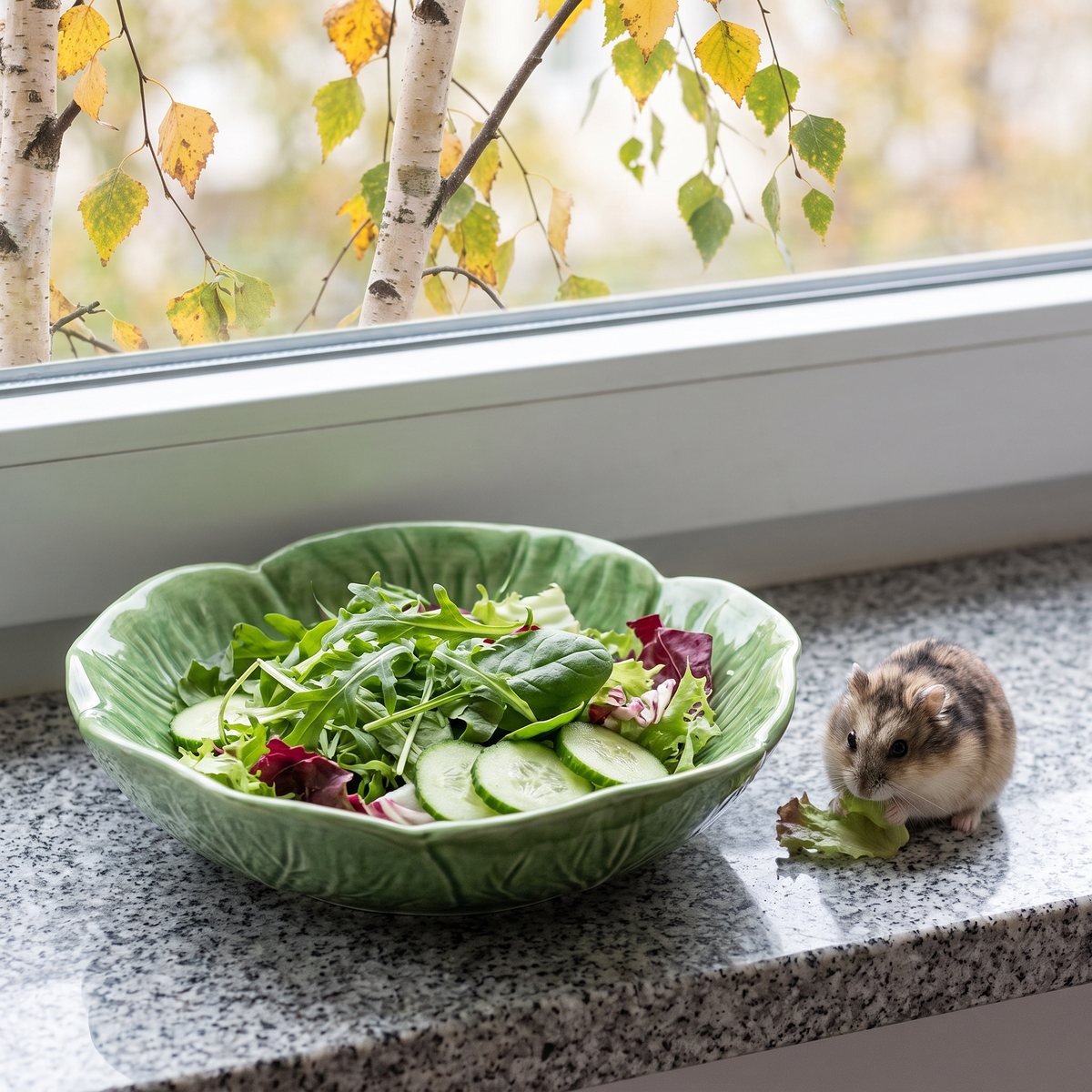 Grön skål formad som ett salladsblad med grönsaker på ett fönsterbräde i ett svenskt hem, en hamster bredvid