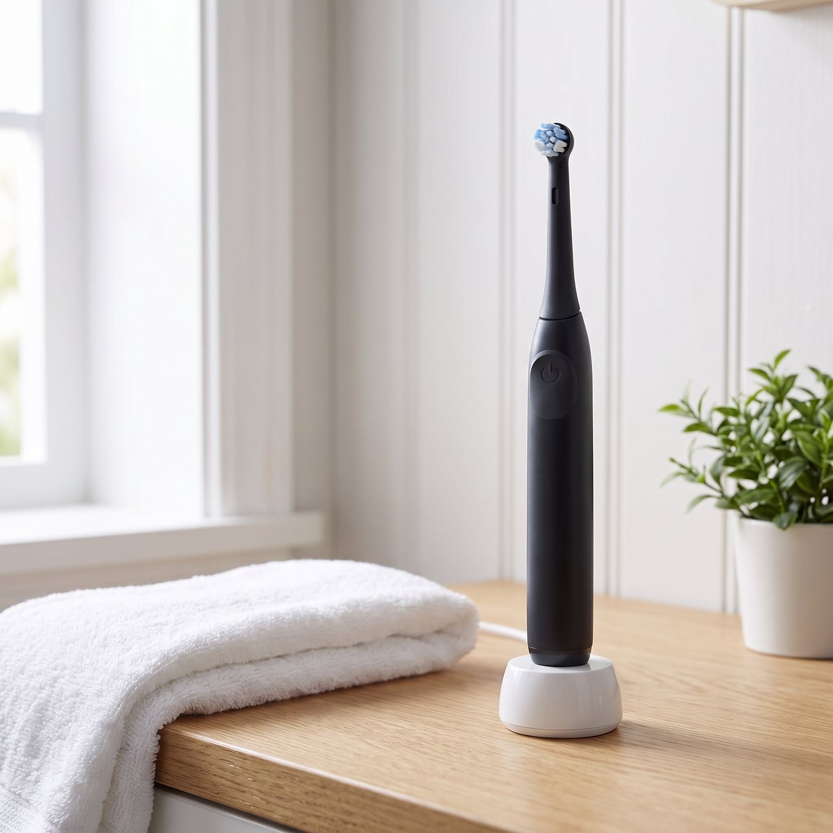 Svart Oral-B iO2 eltandborste i laddstativet på en bänk i ett svenskt badrum