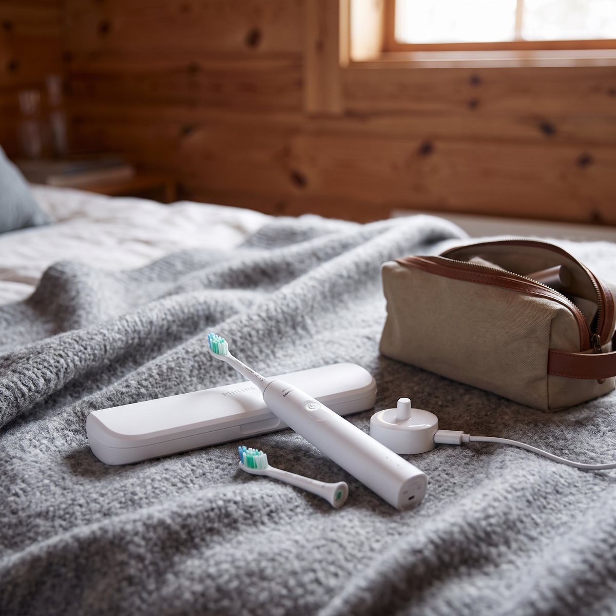 Vit Philips Sonicare 3100 med reseetui på en filt i en svensk stuga