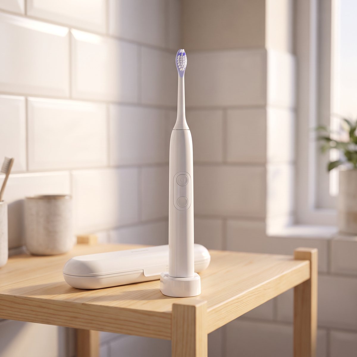 Vit Philips Sonicare 6100 eltandborste på laddstationen i ett svenskt badrum