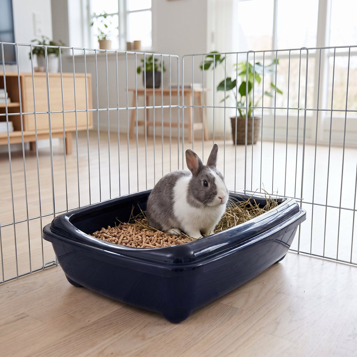 Mörkblå rektangulär låda med strökant och en dvärgkanin i hö och pellets i en hage på parkettgolv