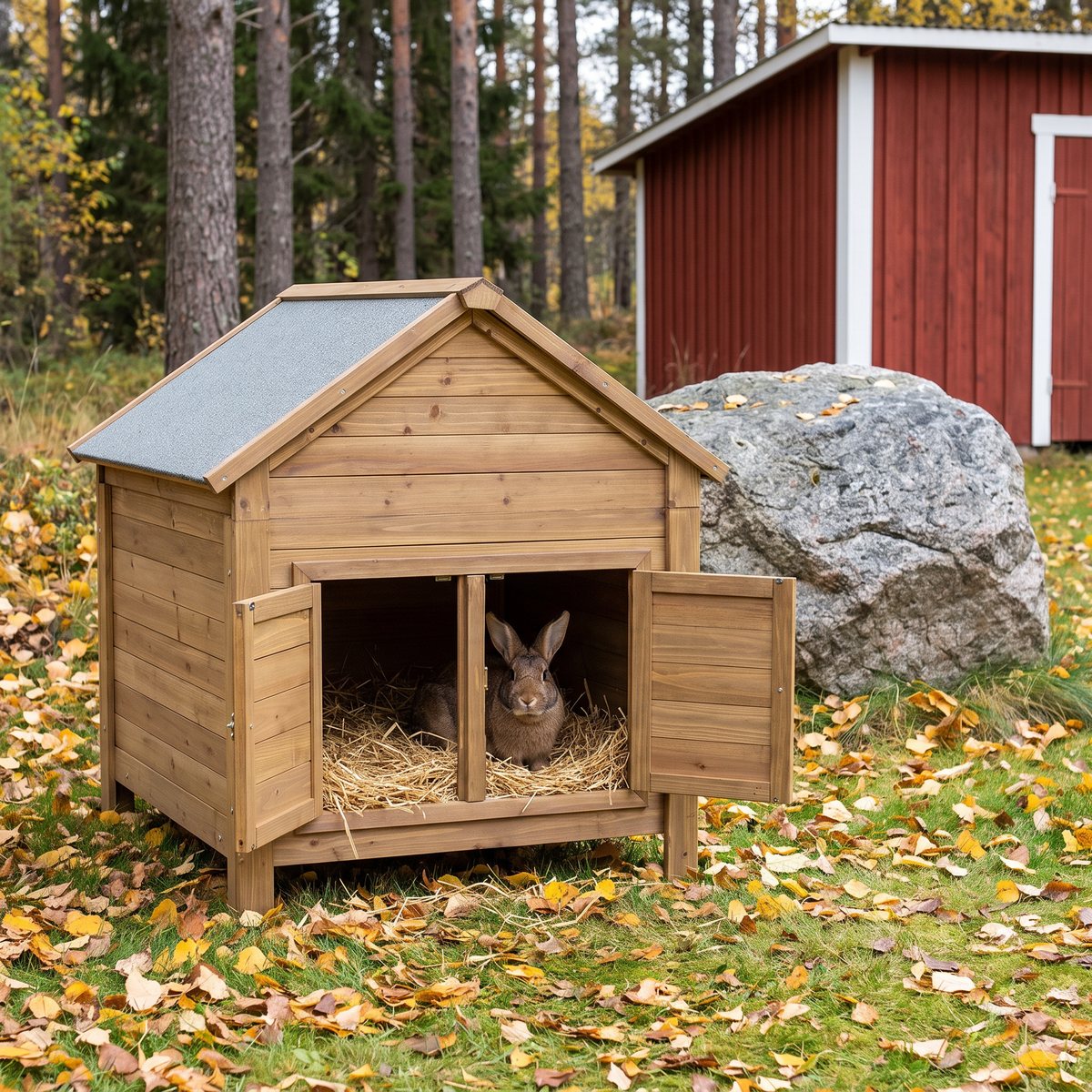 Kerbl Venedig kaninhus i trä med papptak och öppna dubbeldörrar, en kanin i halmen, på en höstlövig gräsmatta framför tallar och en röd bod