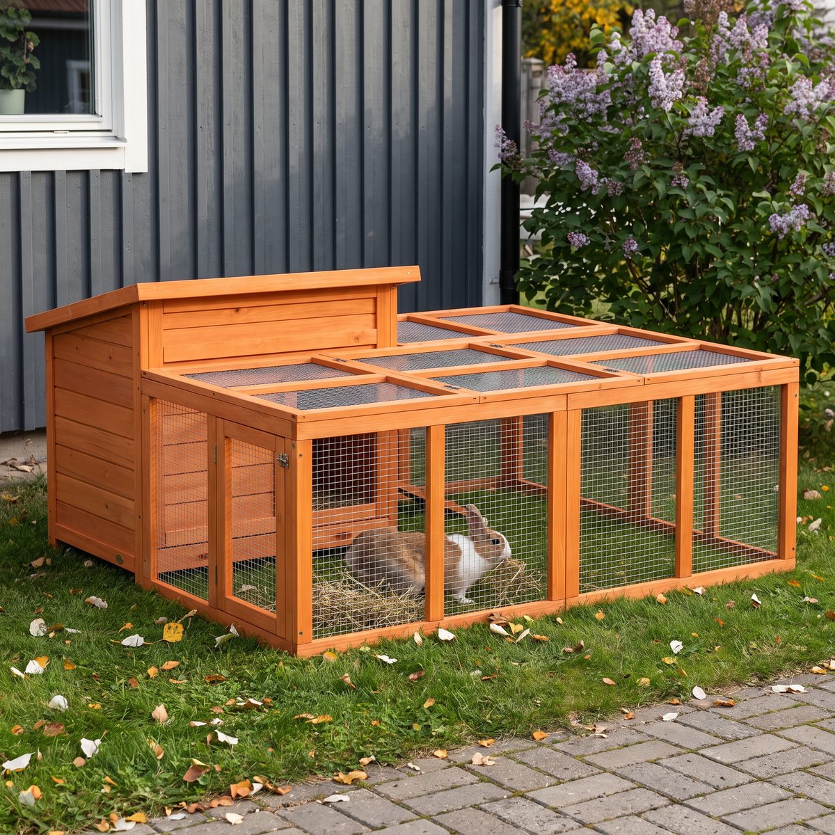 vidaXL Kaninbur 144 × 123 cm i brunbetsad furu med en kanin i nätgården, på en gräsmatta vid en grå trävägg och en stenlagd uteplats