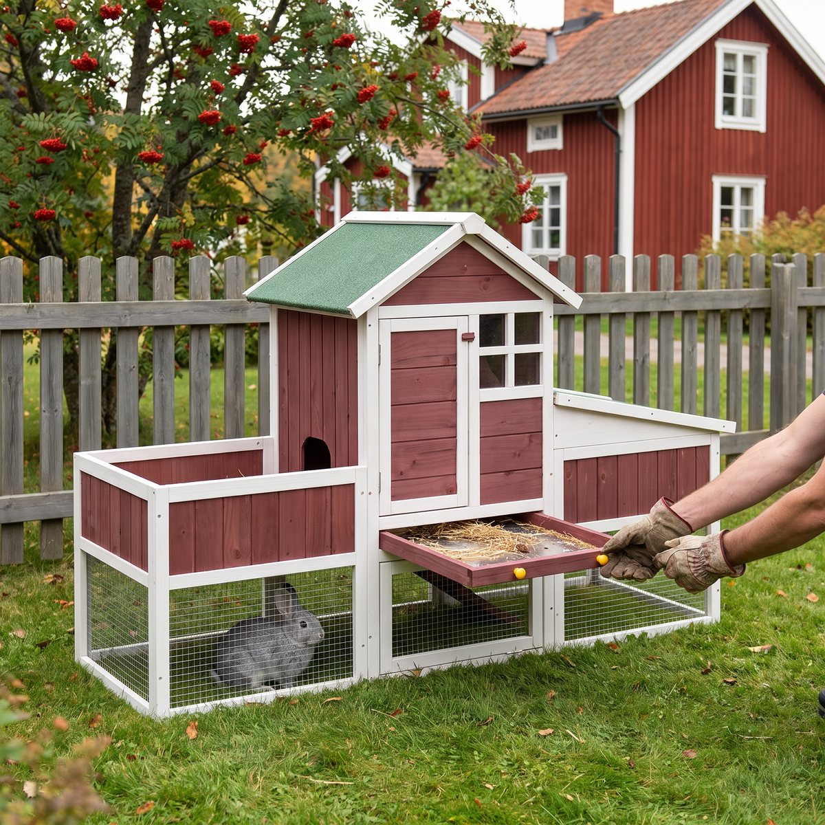 vidaXL Kaninbur 170 cm i två våningar där brickan dras ut för städning, en grå kanin i nätgården, i en svensk trädgård med rönn och rött hus