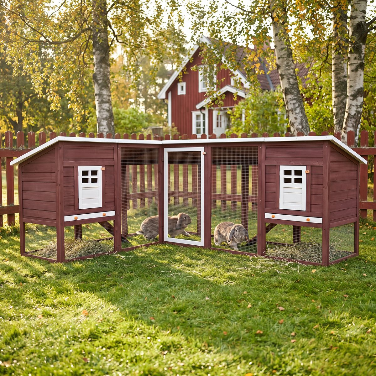 vidaXL Utebur med inhägnad i mörkbrunt trä med två hus och två kaniner i nätgården på en gräsmatta i en svensk trädgård med björkar och rött trähus