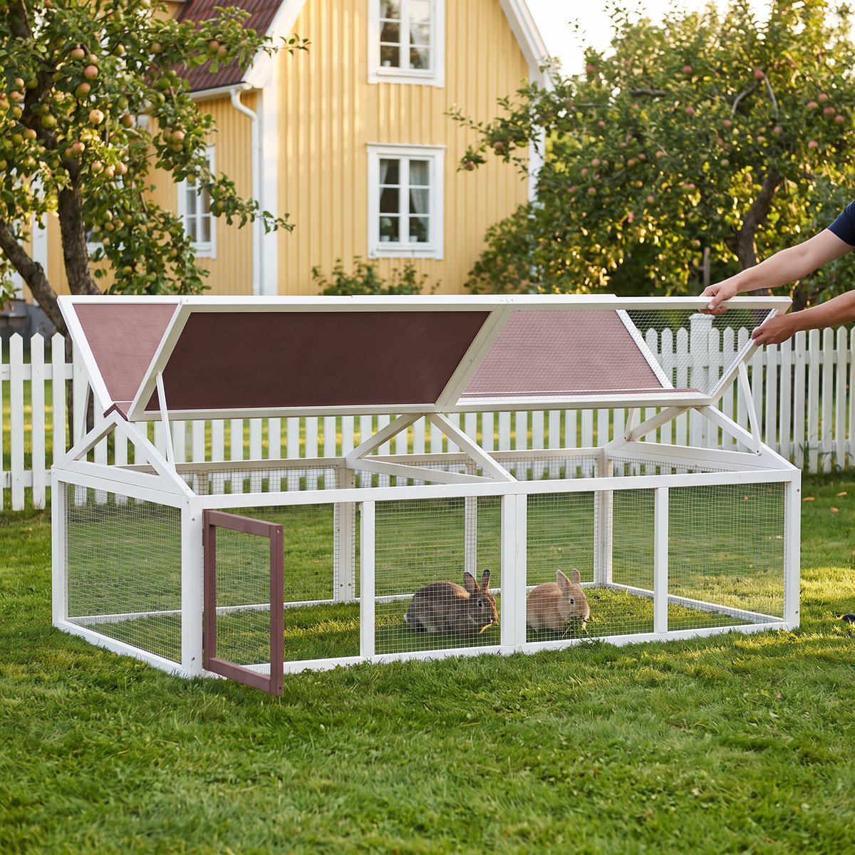 vidaXL Utomhusbur 200 cm i vitt trä med uppfällt lock och två kaniner på gräset, i en svensk trädgård med äppelträd och gult trähus