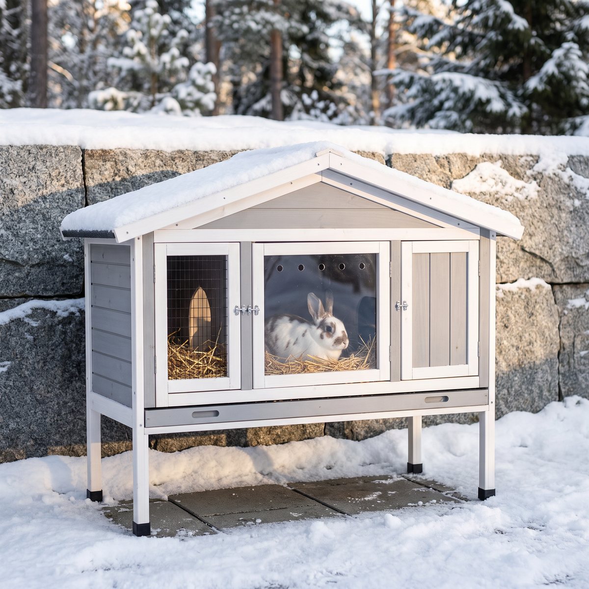 Den vitgrå kaninburen Kerbl 4-Season Superior med stängd plexiglasfront vid en granitmur i en snöig svensk trädgård, med en kanin i halmen