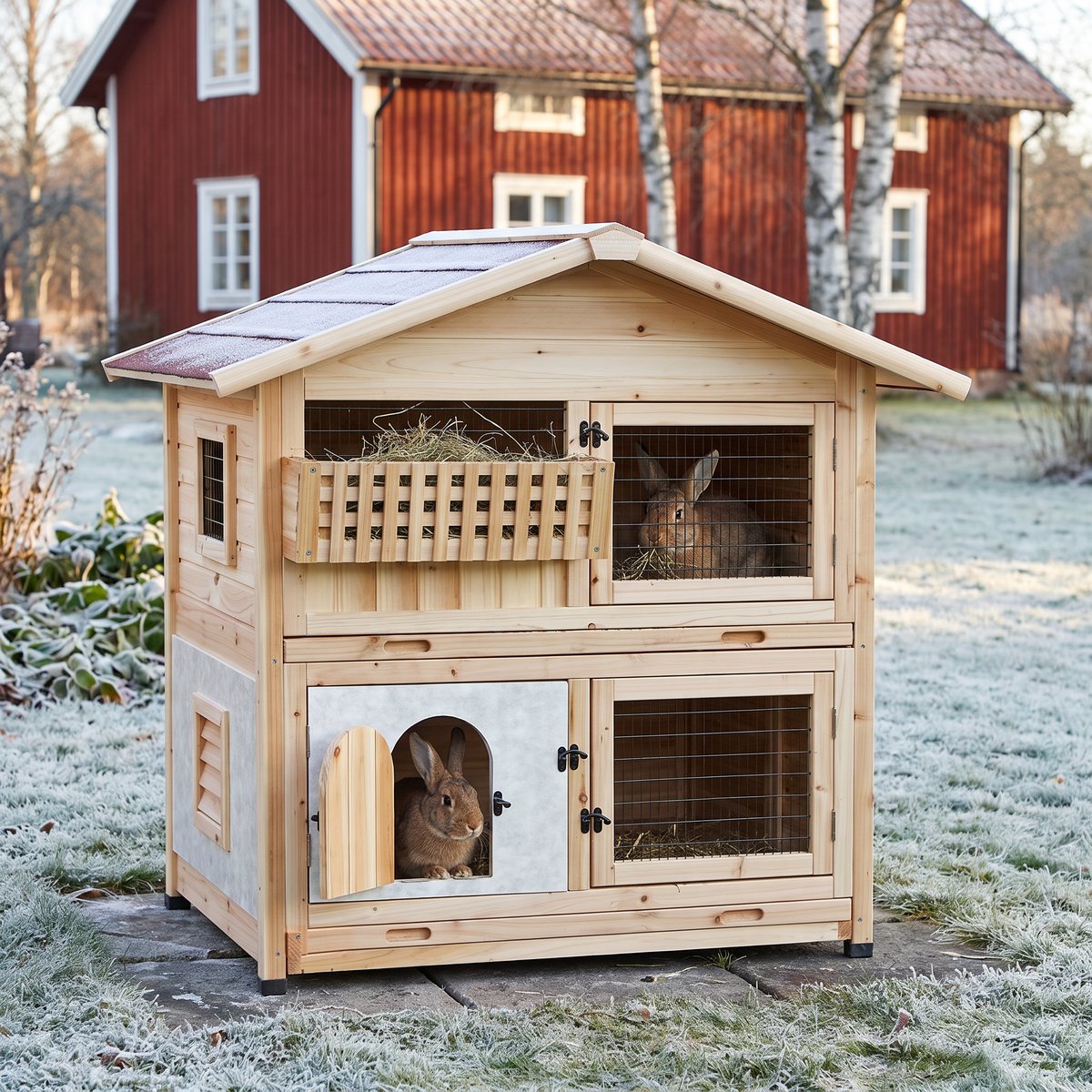 Kaninburen Rabbit Royal Kaninfort i obehandlad furu med rött tak på en frostig svensk trädgård, med kaniner i den isolerade bodelen och på övervåningen