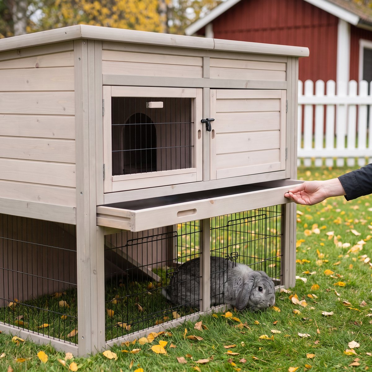 Kaninburen Trixie Natura XL på en gräsmatta med höstlöv, en kanin i rastdelen och en hand som drar ut brickan under övervåningen