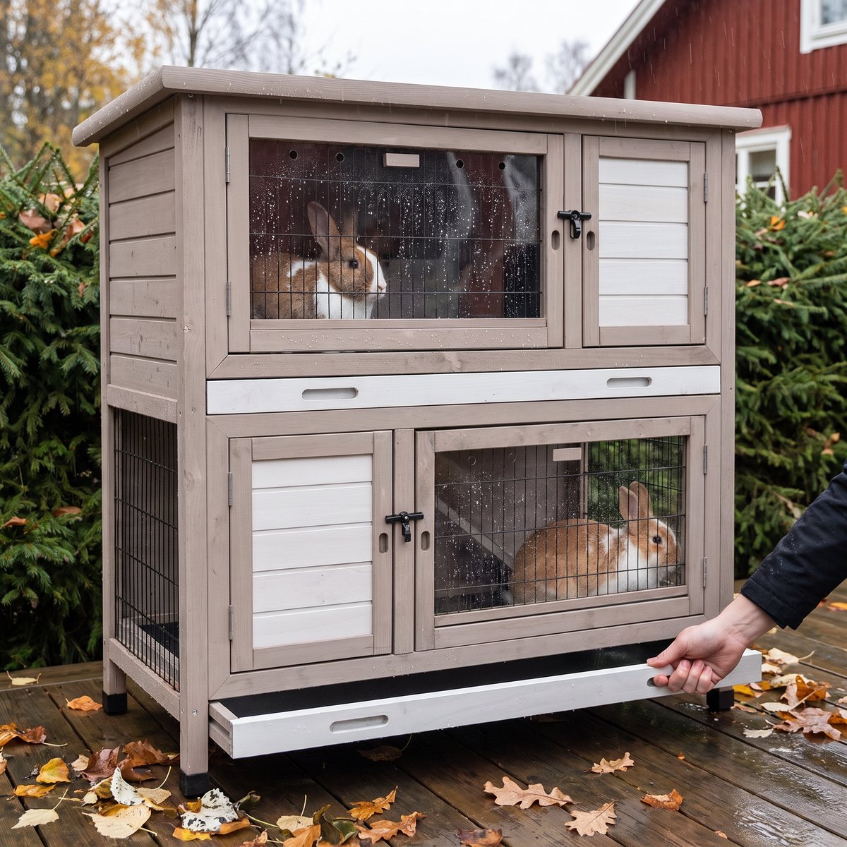 Den gråbeige kaninburen Vintra Style på en blöt altan framför en granhäck, med en kanin på varje våning och en hand som drar ut den nedre plastbottnen