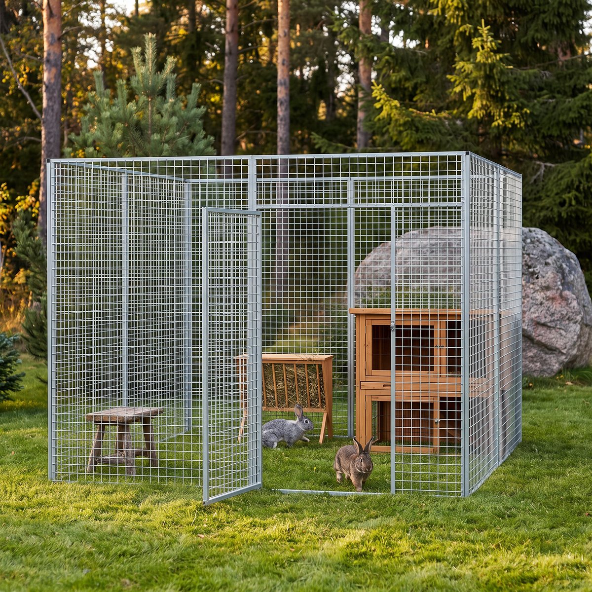 Demex Kaningård Pyttegård med öppen dörr på en gräsmatta bland tallar och granar, med kaninhus, höhäck, pall och två kaniner inuti