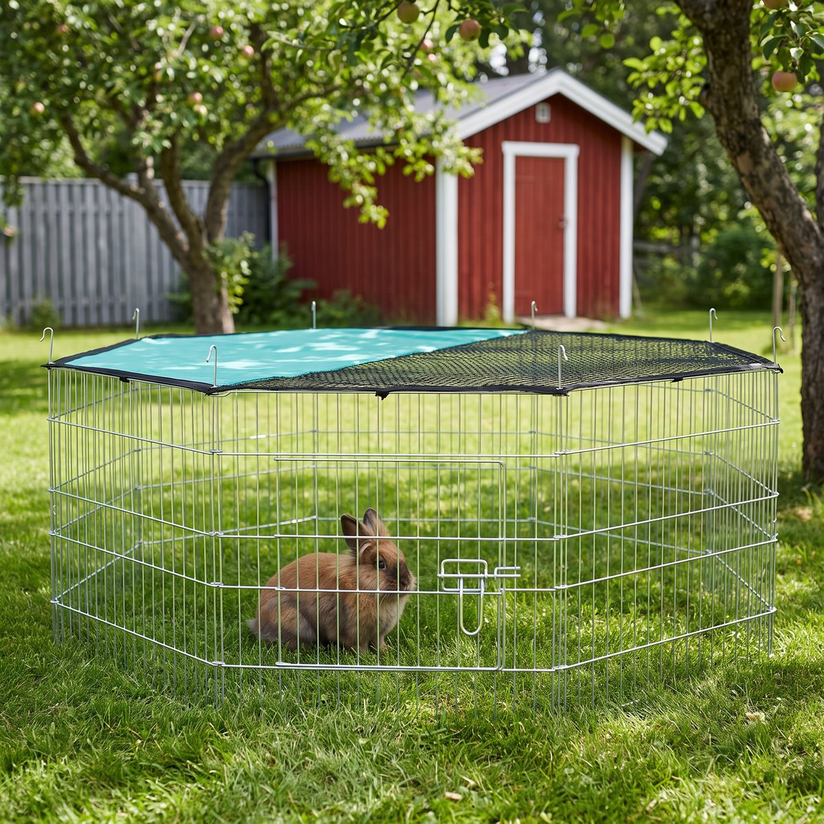 RYOM Kaninhage Övertäckt med nät över toppen på en gräsmatta under äppelträd framför en röd bod, med en brun kanin inuti