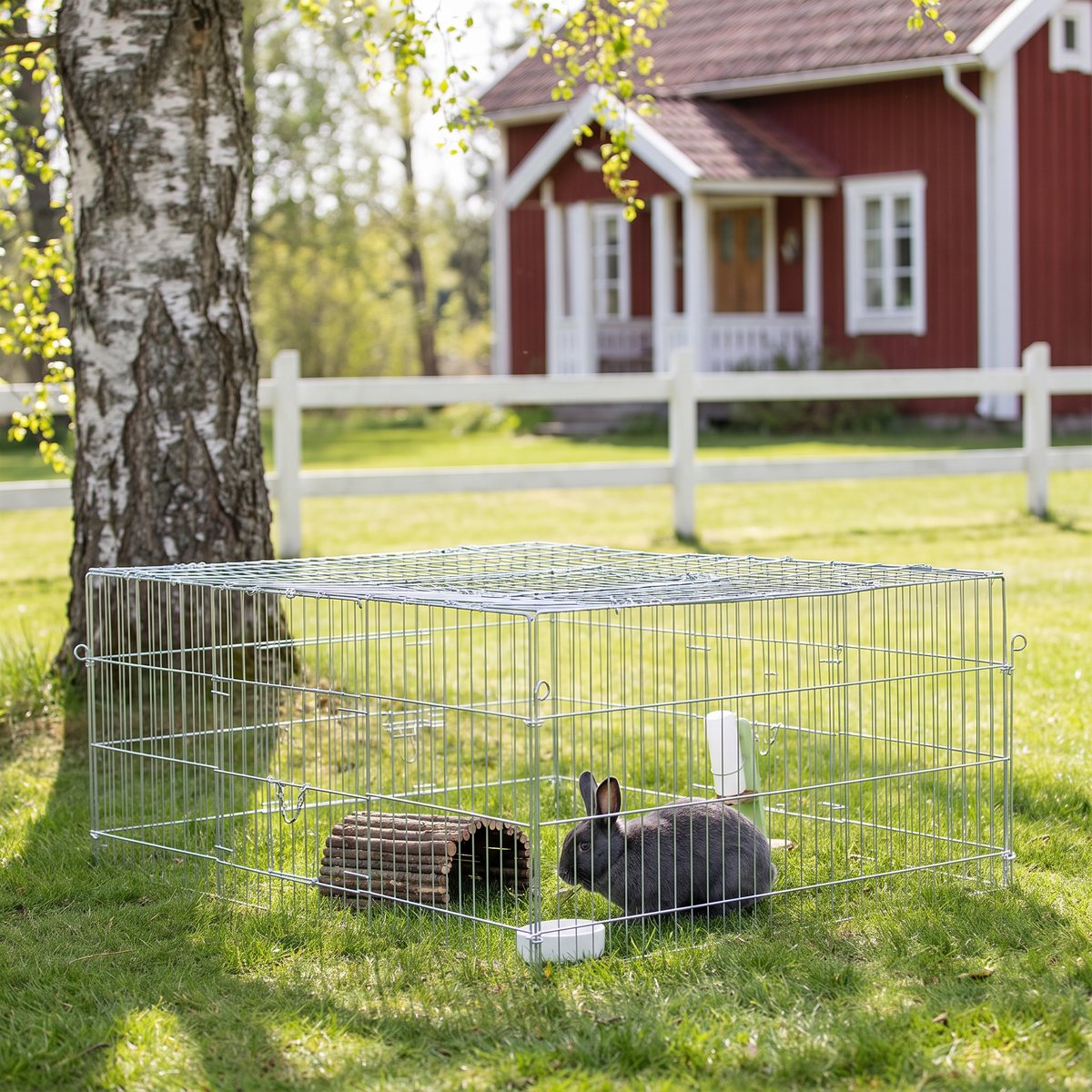 Trixie Natura Utehage i Metall med Tak på en gräsmatta i skuggan av en björk, med en grå kanin inuti framför en röd stuga