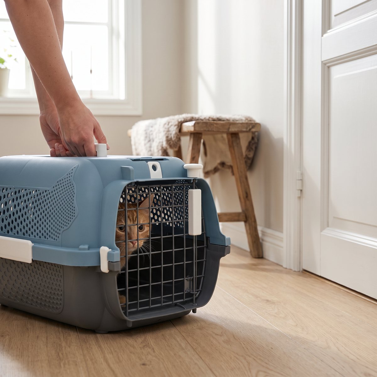 Blågrå Catit transportbur med en katt bakom dörren i en svensk hall med trägolv