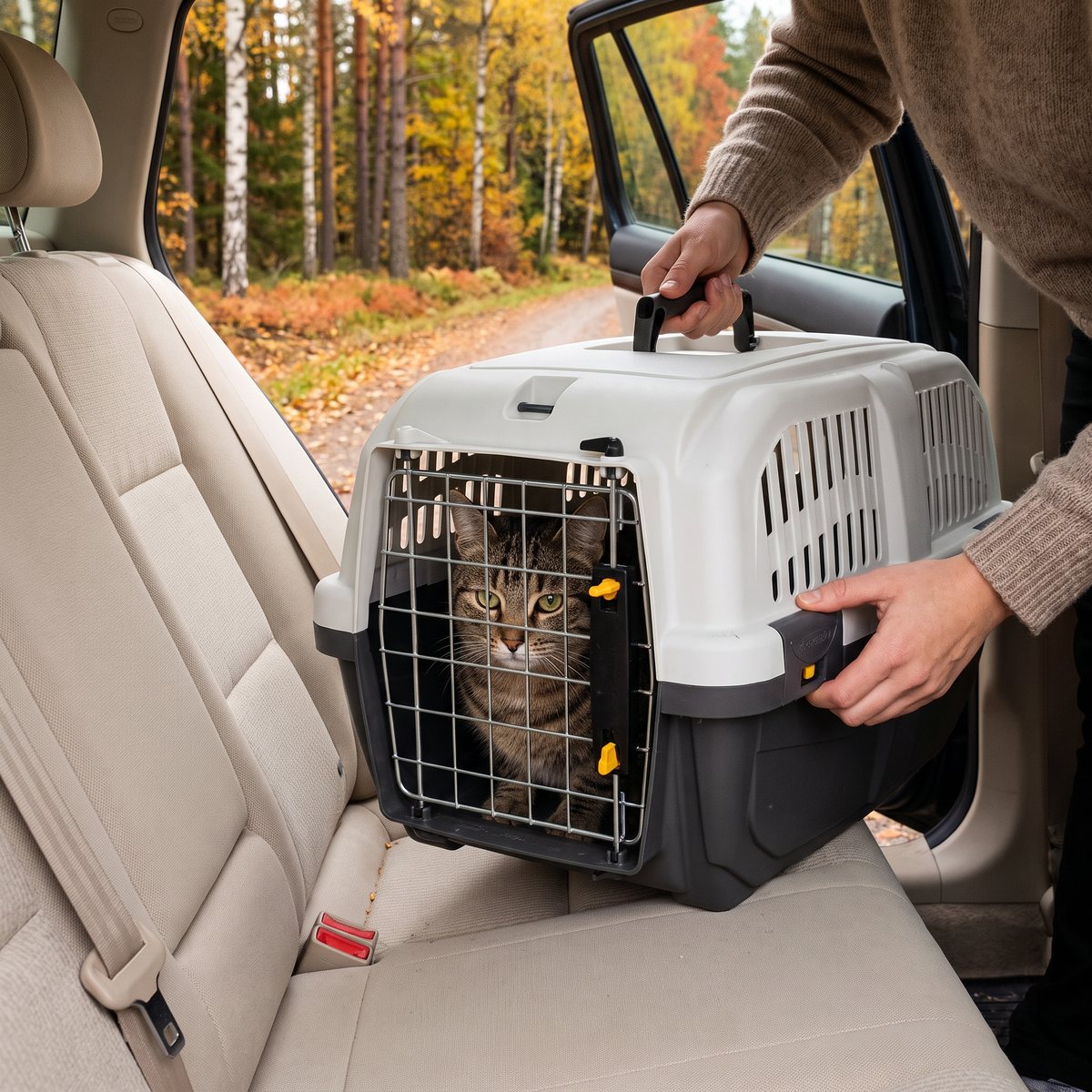 Skudo transportbur med metalldörr på baksätet i en bil, med en katt bakom dörren, vid en svensk skogsväg på hösten