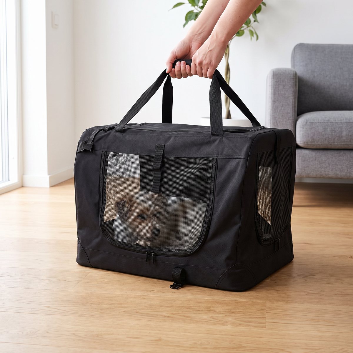 Svart hopfällbar Little&bigger softkennel med en liten hund i ett svenskt vardagsrum