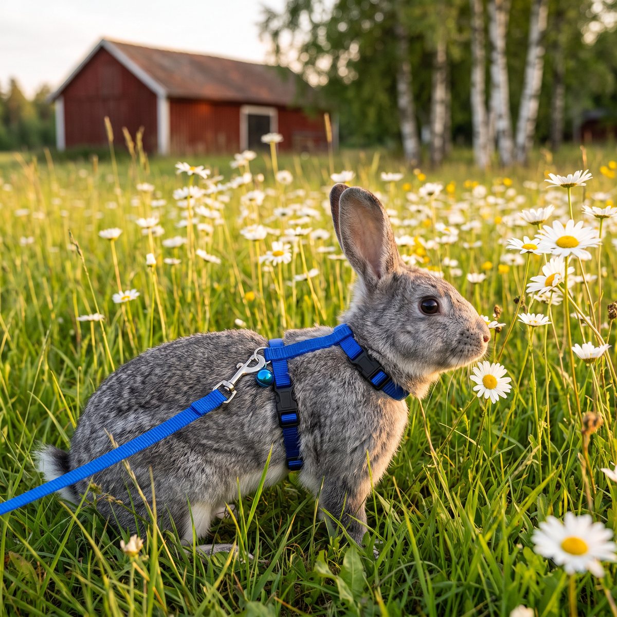 Grå kanin med blå sele och koppel i en svensk blomsteräng med röd lada i bakgrunden