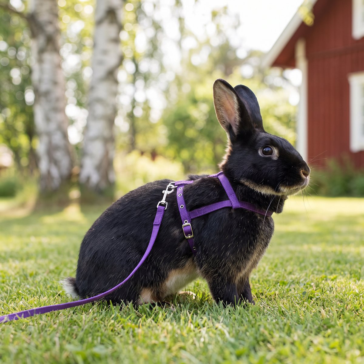 Svart kanin med lila sele och koppel sitter på en gräsmatta i en svensk trädgård med björkar och rött trähus