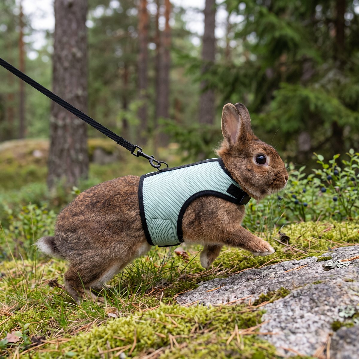 Brun kanin i mintgrön mjuk västsele med koppel på en mossig granithäll i svensk tallskog