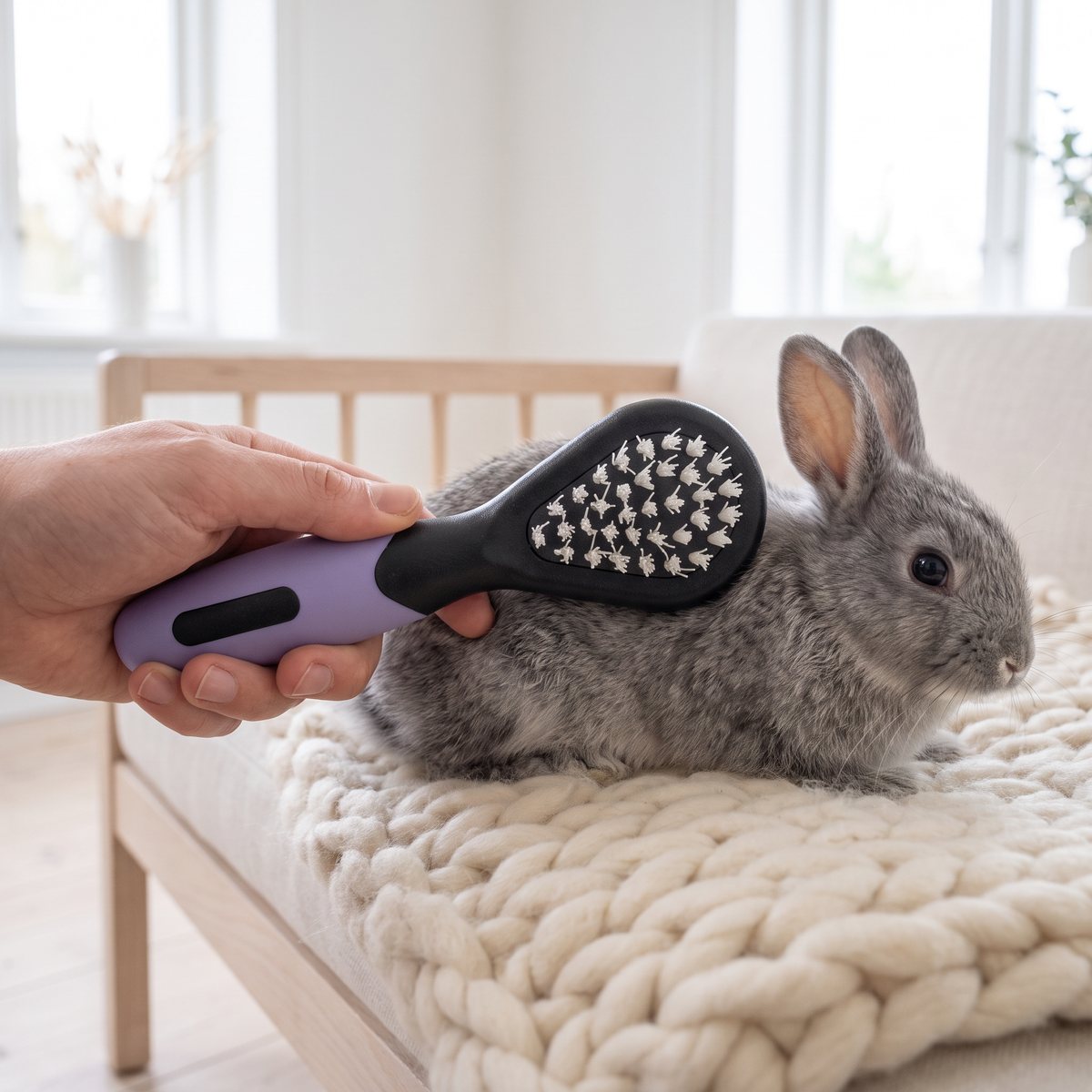 Hand som borstar en grå kanin med Rosewood Mini Borste på en ullfilt i ett svenskt vardagsrum