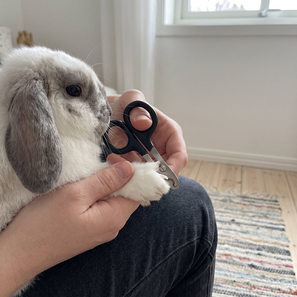 Liten svart Dogman klosax runt en klo på den vita tassen hos en grå och vit vädurkanin i knät, trasmatta och trägolv i bakgrunden