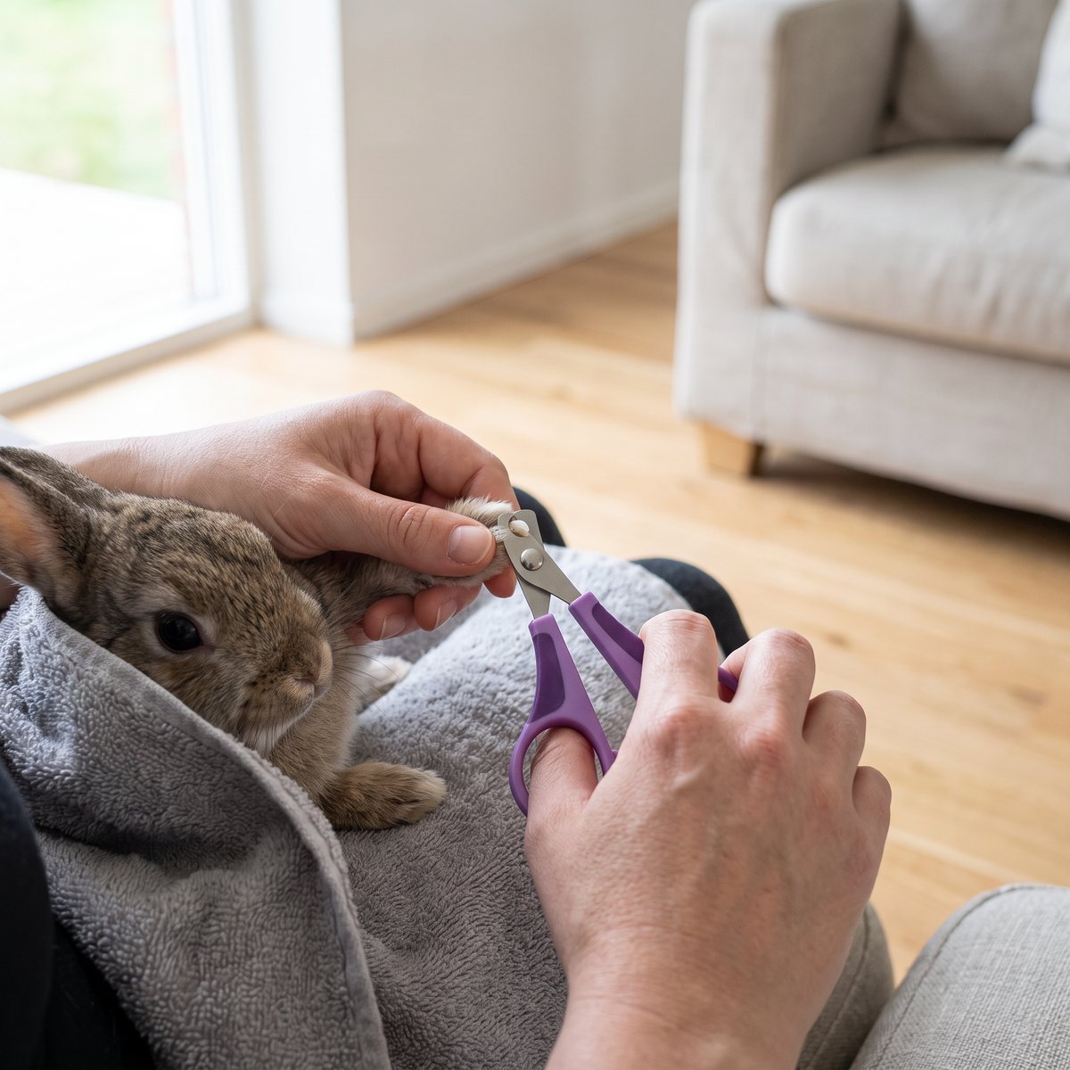 Trixie klosax med lila handtag klipper klon på en dvärgkanin som sitter i en grå handduk i knät, i ett ljust vardagsrum med trägolv