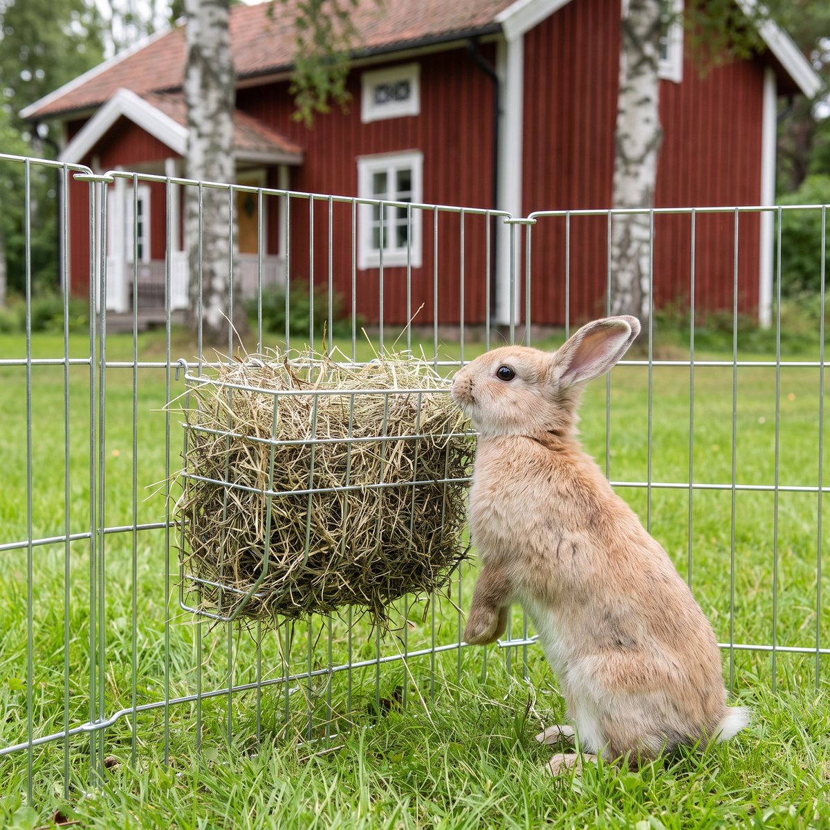 RYOM höhäck i galvaniserad tråd fäst på kaningaller på en gräsmatta i en svensk trädgård