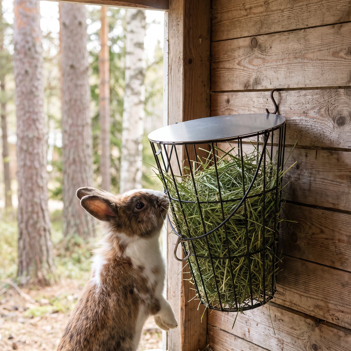 Hängande svart Trixie höhäck med lock på en trävägg i ett svenskt kaninhus, där en kanin luktar på höet