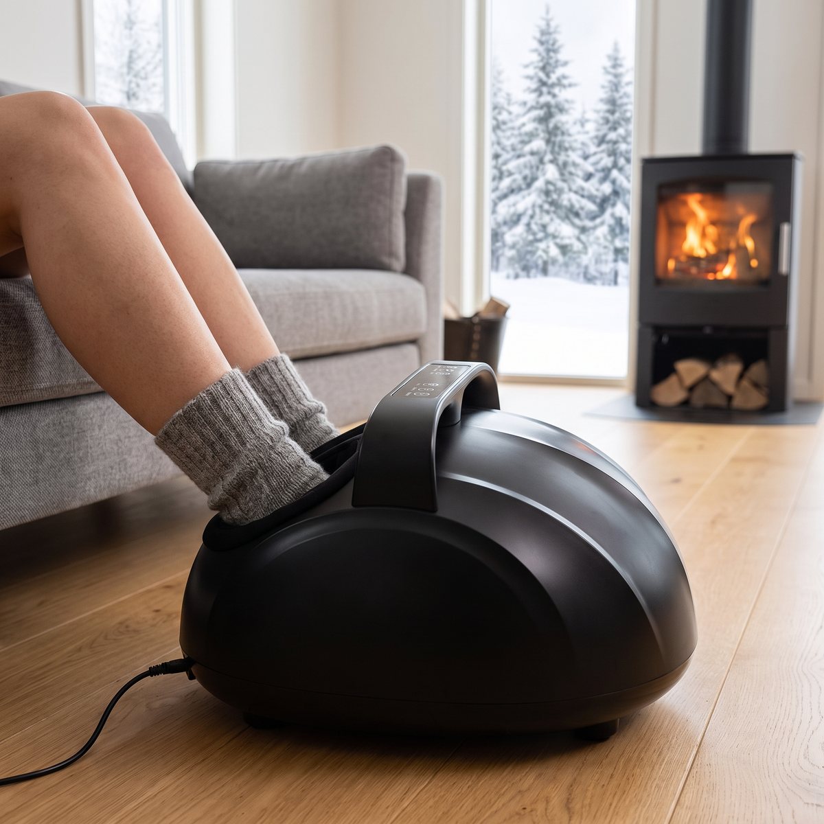 CWC Fotmassage Premium med fötter i yllestrumpor framför kamin i ett svenskt vardagsrum