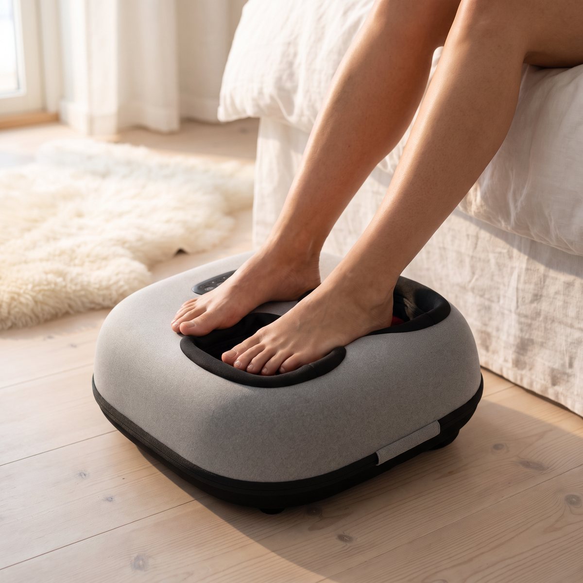 Grå Flowlife Flowfeet Heat fotmassage med fötter i, i ett svenskt sovrum