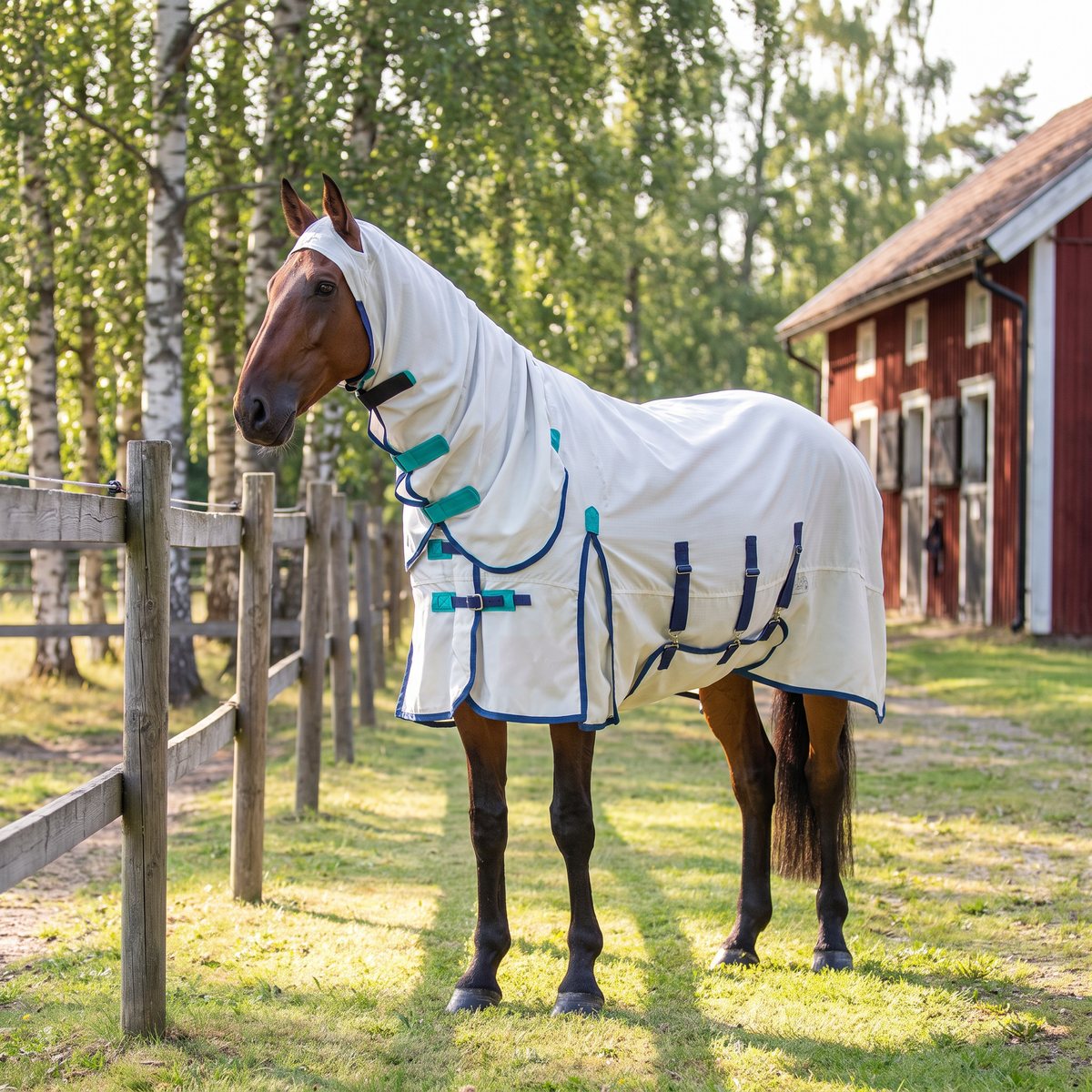 Vit fluglåtäcke med halsdel och blå kanter på en brun häst i svensk sommarhage med björkar och rött stall