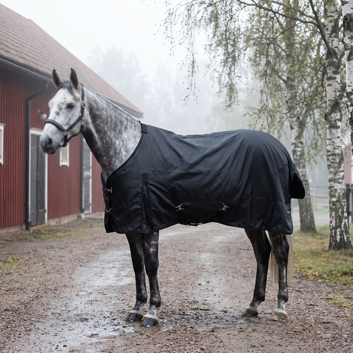 Svart täcke med korsade bukgjordar på en grå häst på en stallgård med rött stall och björkar en dimmig morgon