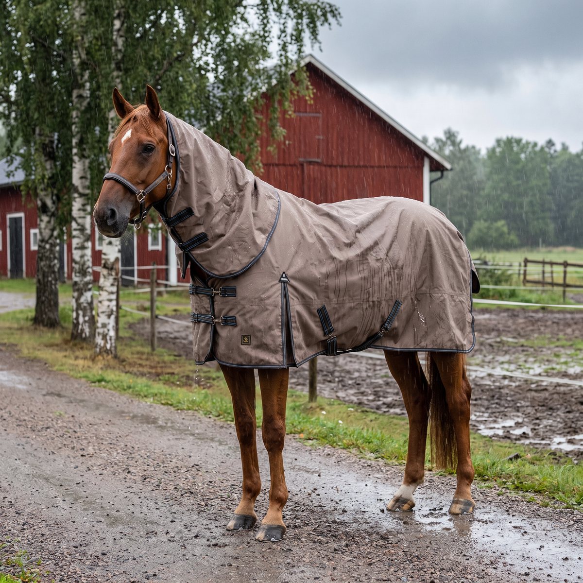 Brunt BR Classic regntäcke med hals på en fux i ösregn på en grusväg vid en röd svensk lada