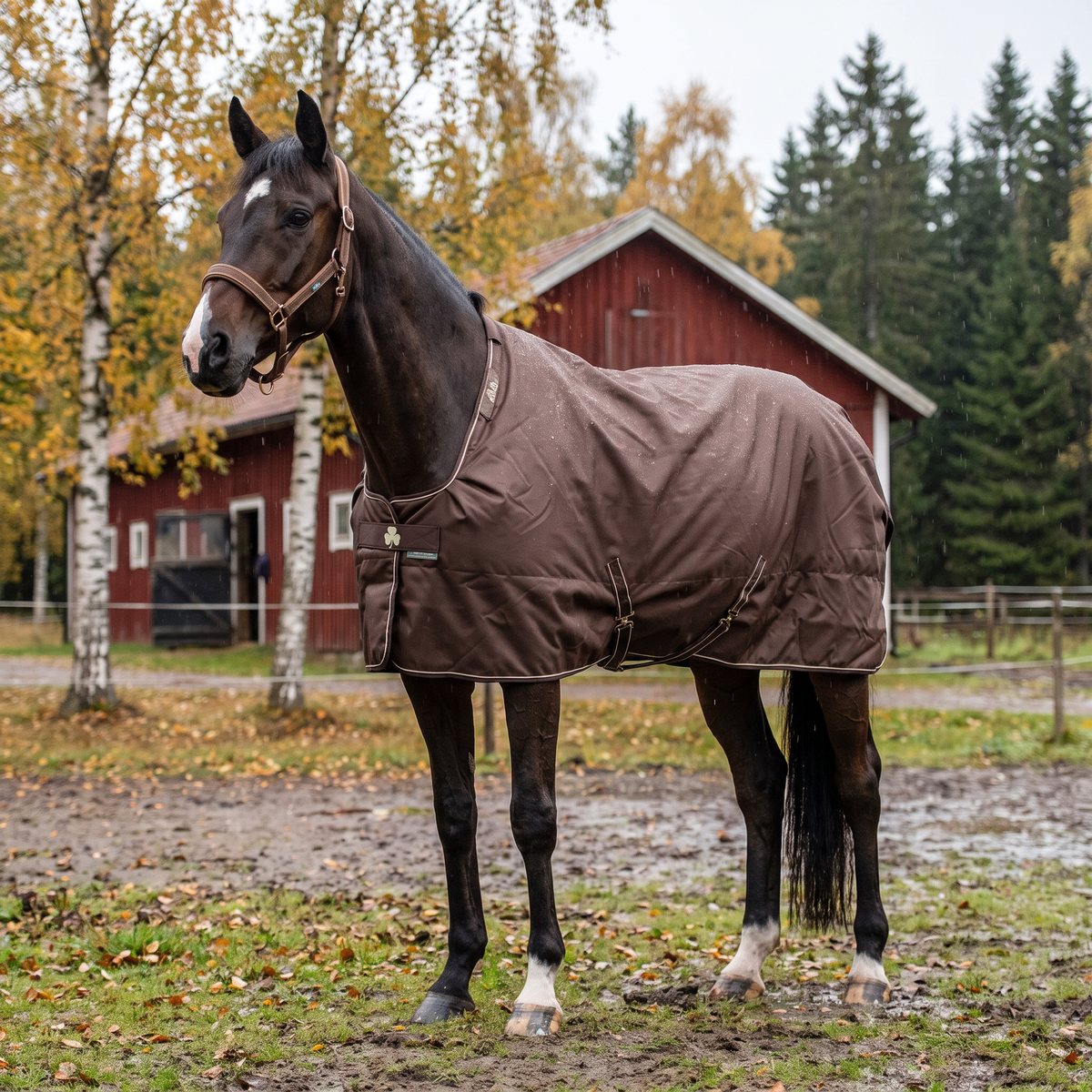 Brunt Bucas Irish utetäcke på en mörk häst på en blöt hage vid en rödfalun stall med björkar och granskog