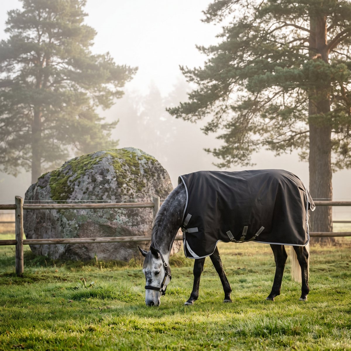Svart Horseware Amigo utetäcke på en grå häst som betar i en dimmig svensk hage med tallar och en stor sten