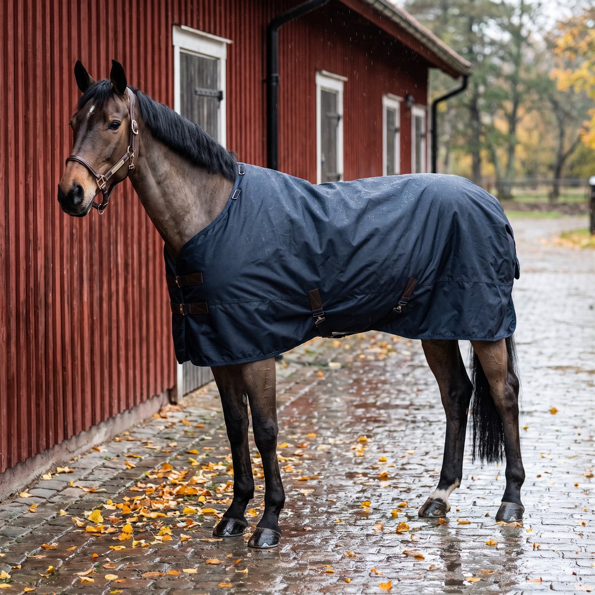 Marinblått Kentucky All Weather Waterproof Classic utetäcke på en häst framför en rödfalun stallvägg med blöt kullersten och höstlöv