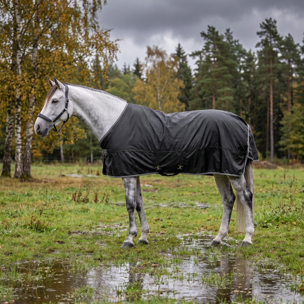 Svart Waldhausen Economic regntäcke på en gråskimmel på en svensk äng efter regn med björk och tall