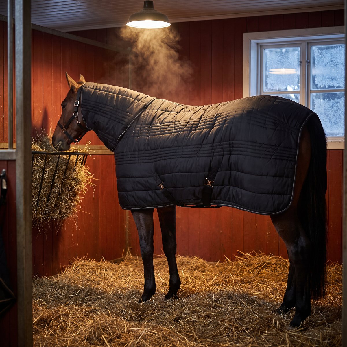 Svart vadderat stalltäcke med fast hel hals på en brun häst som äter hö i en box i ett rödmålat svenskt stall en kall vinternatt