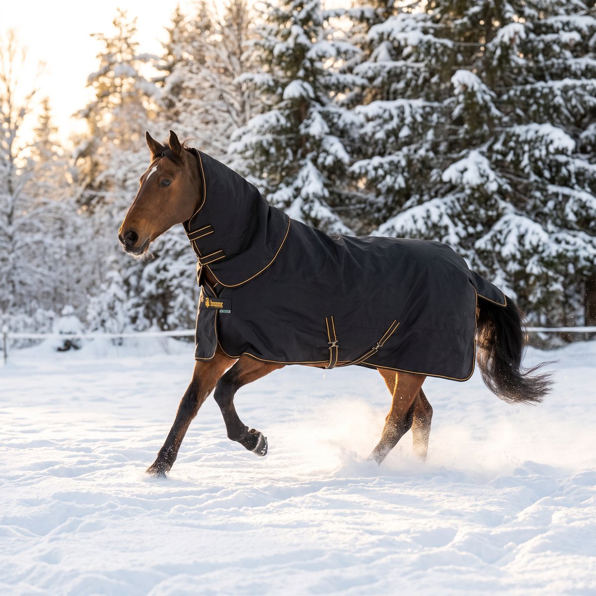 Svart vintertäcke med hög hals på en brun häst som travar i snö med snötyngda granar