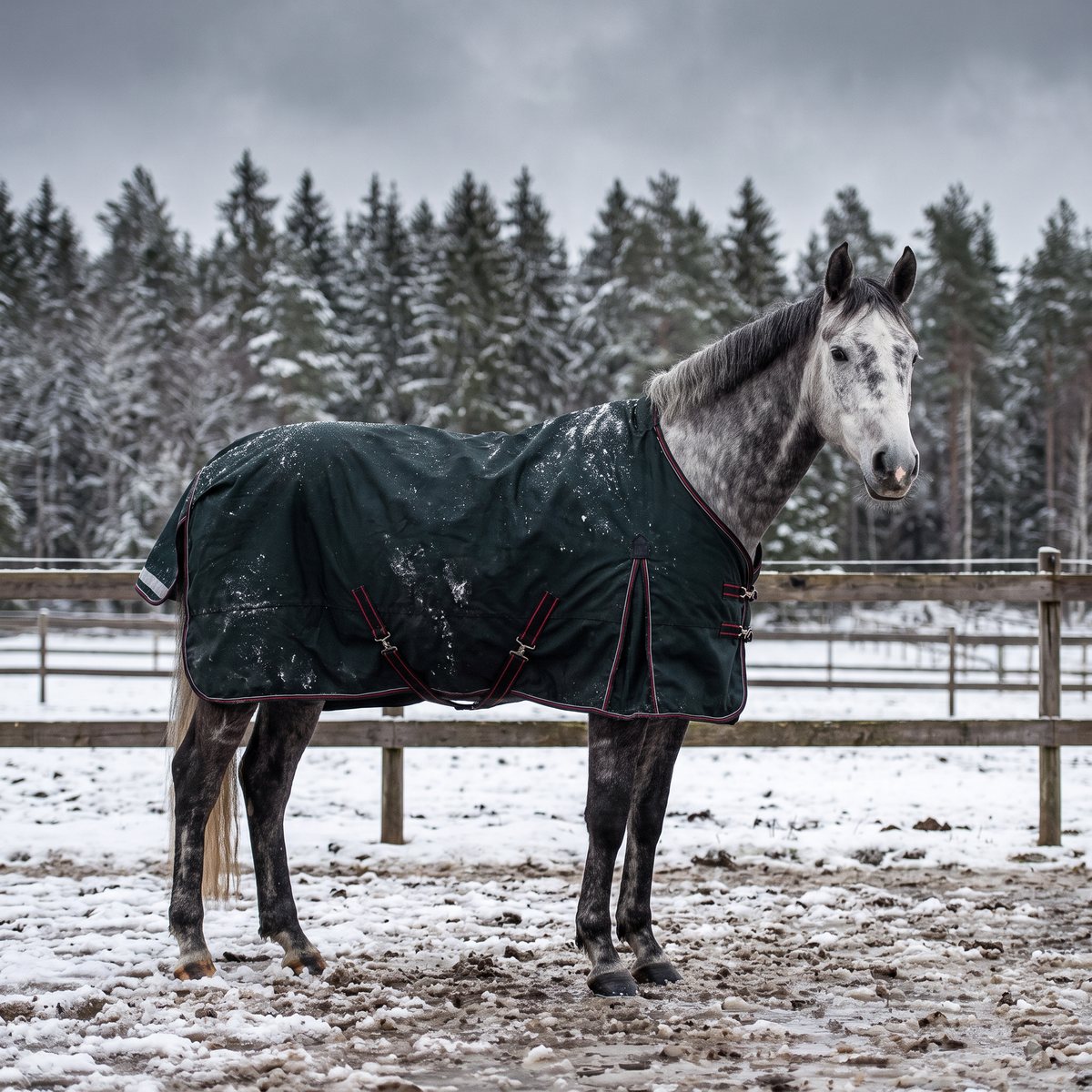 Mörkt hagetäcke med röda kanter på en grå häst i snöblandat regn i en svensk hage med tallskog