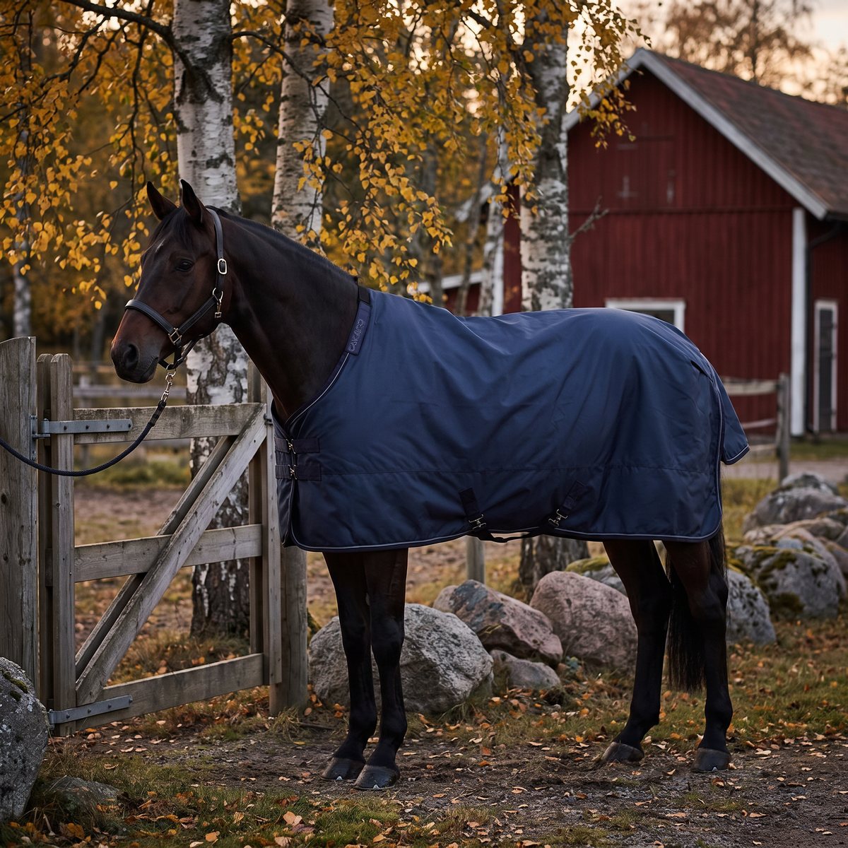 Mörkblått hagetäcke på en mörk häst vid en grind i svensk höstskymning med björkar, stenblock och rött stall