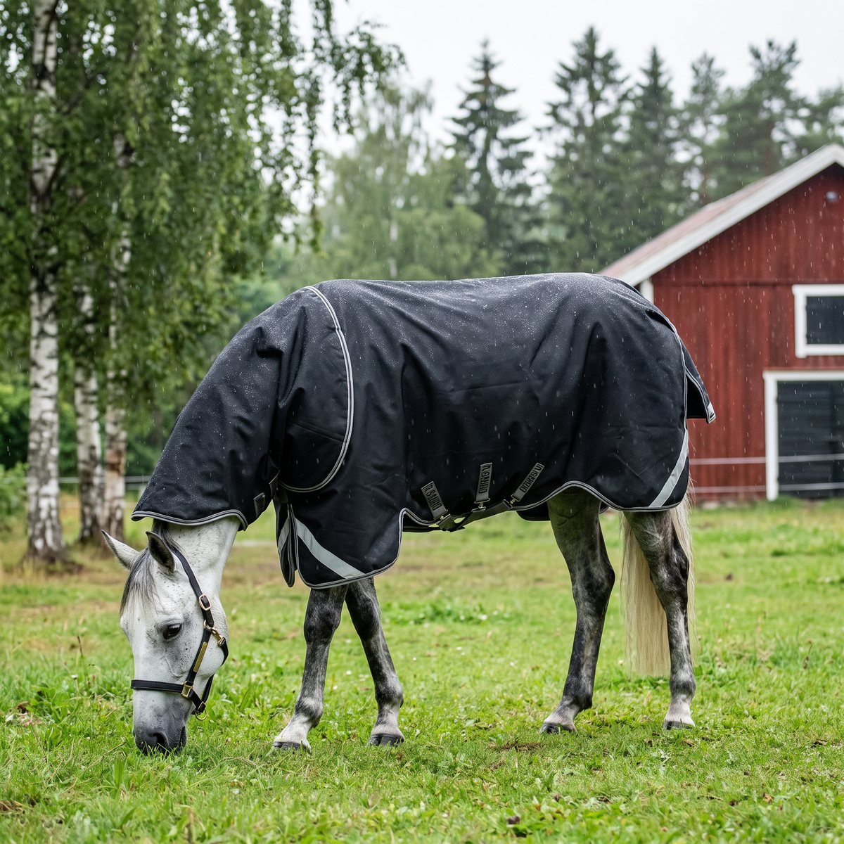 Svart vintertäcke med avtagbar huva på en grå häst som betar i en regnig svensk hage med björkar och rött stall