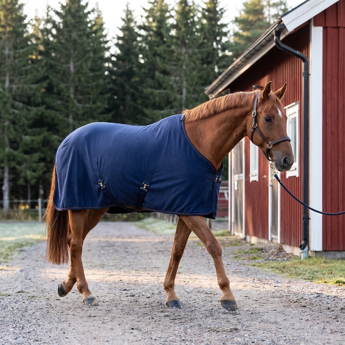 Marinblått fleecetäcke med kryssgjordar på en fuxhäst vid ett rött svenskt stall