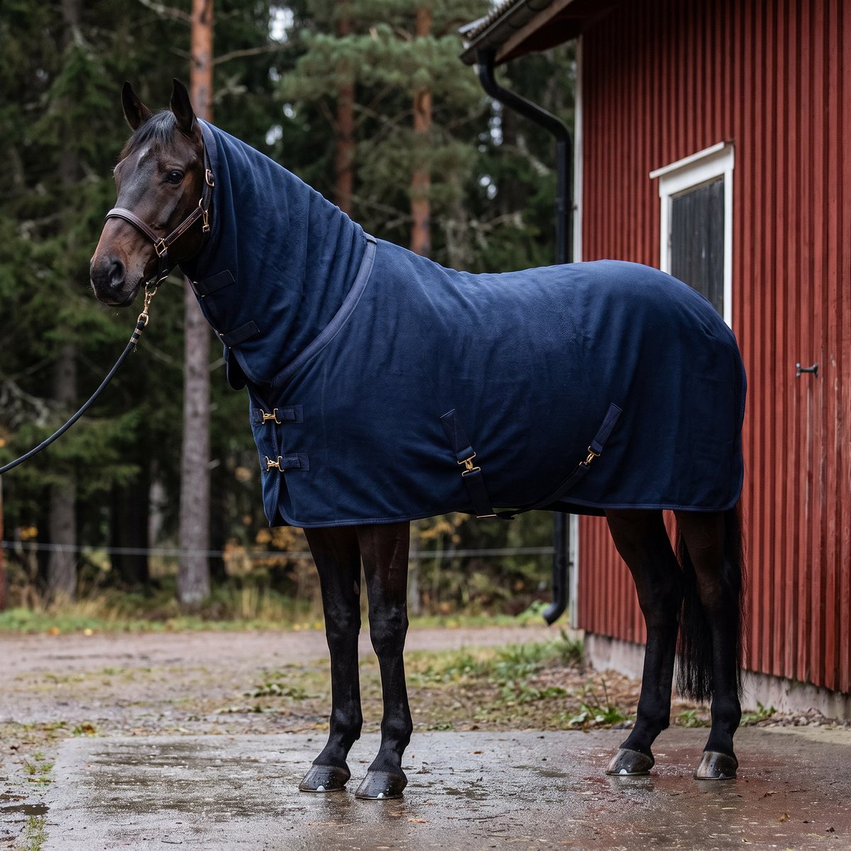 Marinblått kombitäcke med fast hals på en mörkbrun häst utanför ett rött svenskt stall
