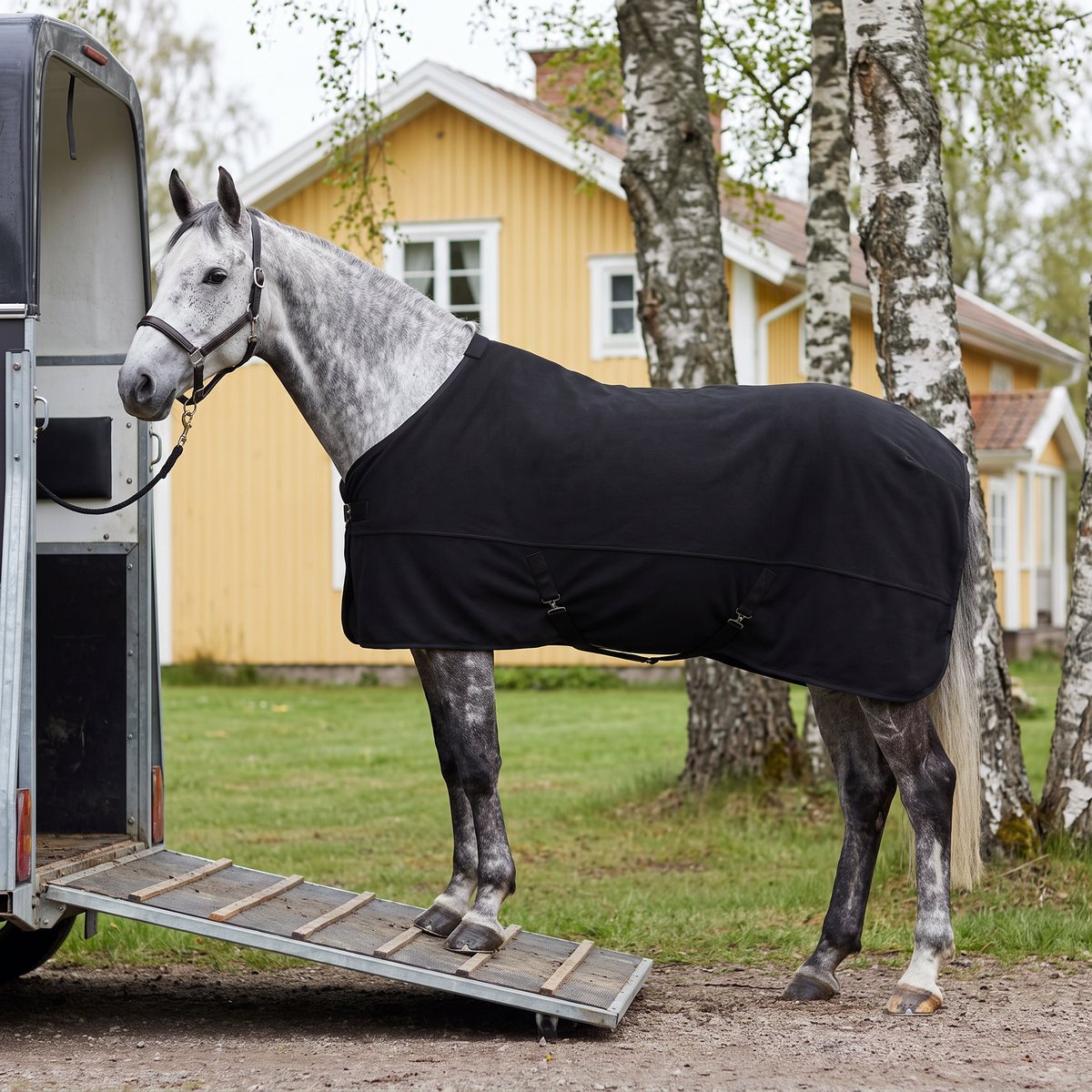 Svart fleecetäcke på en grå häst vid en hästtransport framför ett gult svenskt trähus