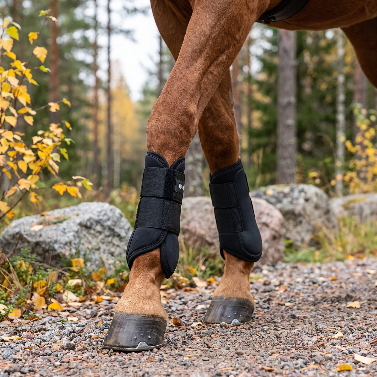Svarta Back on Track Opal Welltex-damasker på frambenen hos en fux som skrittar på en grusstig i en svensk höstskog med tall, gran och granitblock.