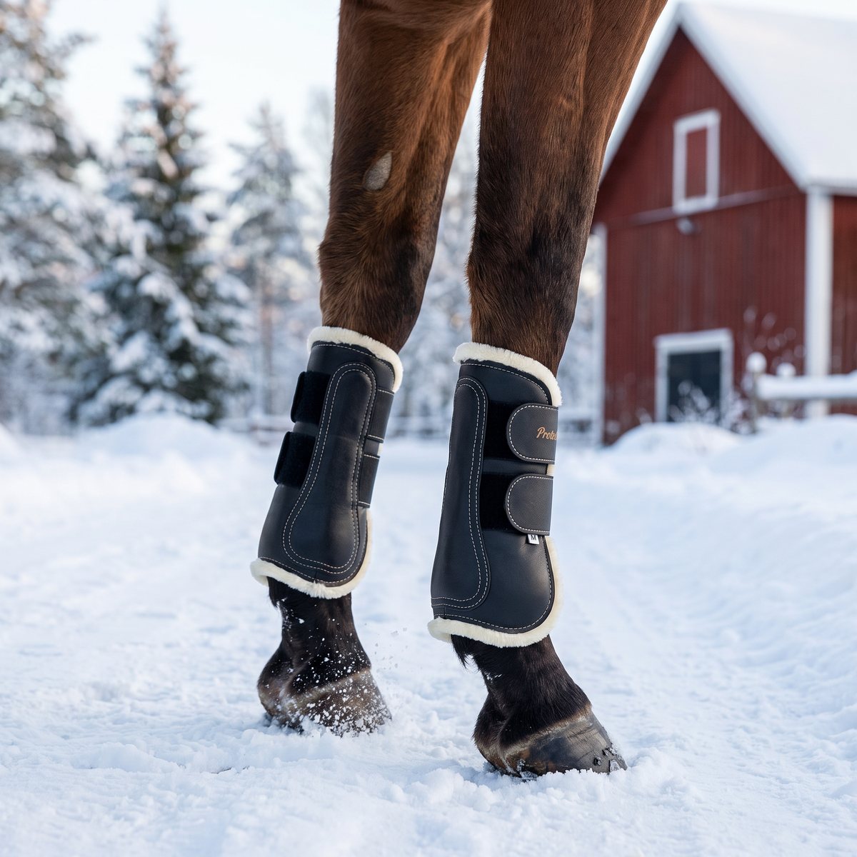 Svarta Protector-benskydd med ljus syntetpäls på en brun häst som går på en snöig väg vid ett rött stall i svenskt vinterlandskap.