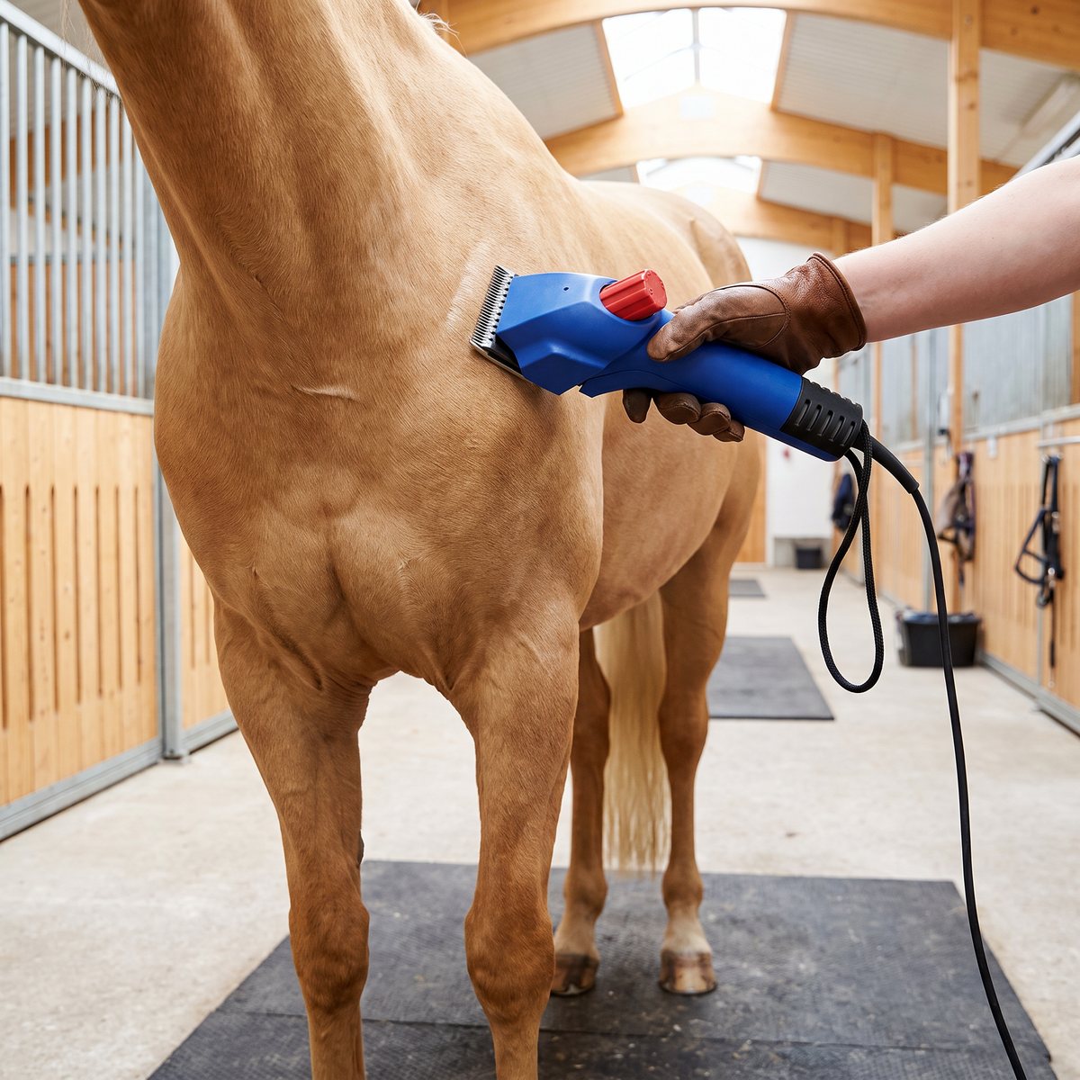DeLaval HCP65 klipper buken på en palominohäst i en svensk ridskolestall