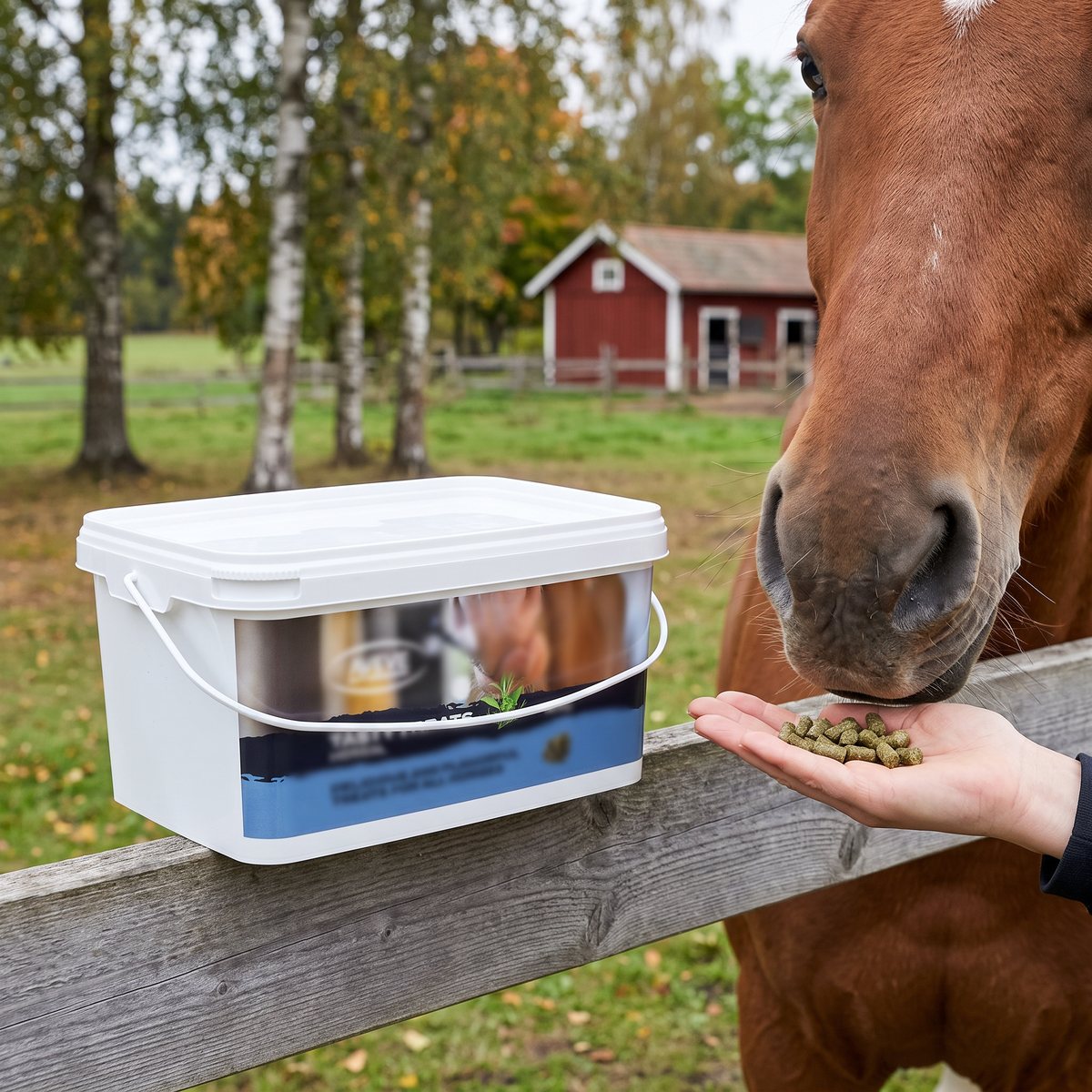 Hink med Aveve Tasty Treats Örter på en hagstaketsregel medan en hand bjuder en fuxhäst på gröna pellets, med björkar och en röd stallbyggnad i bakgrunden